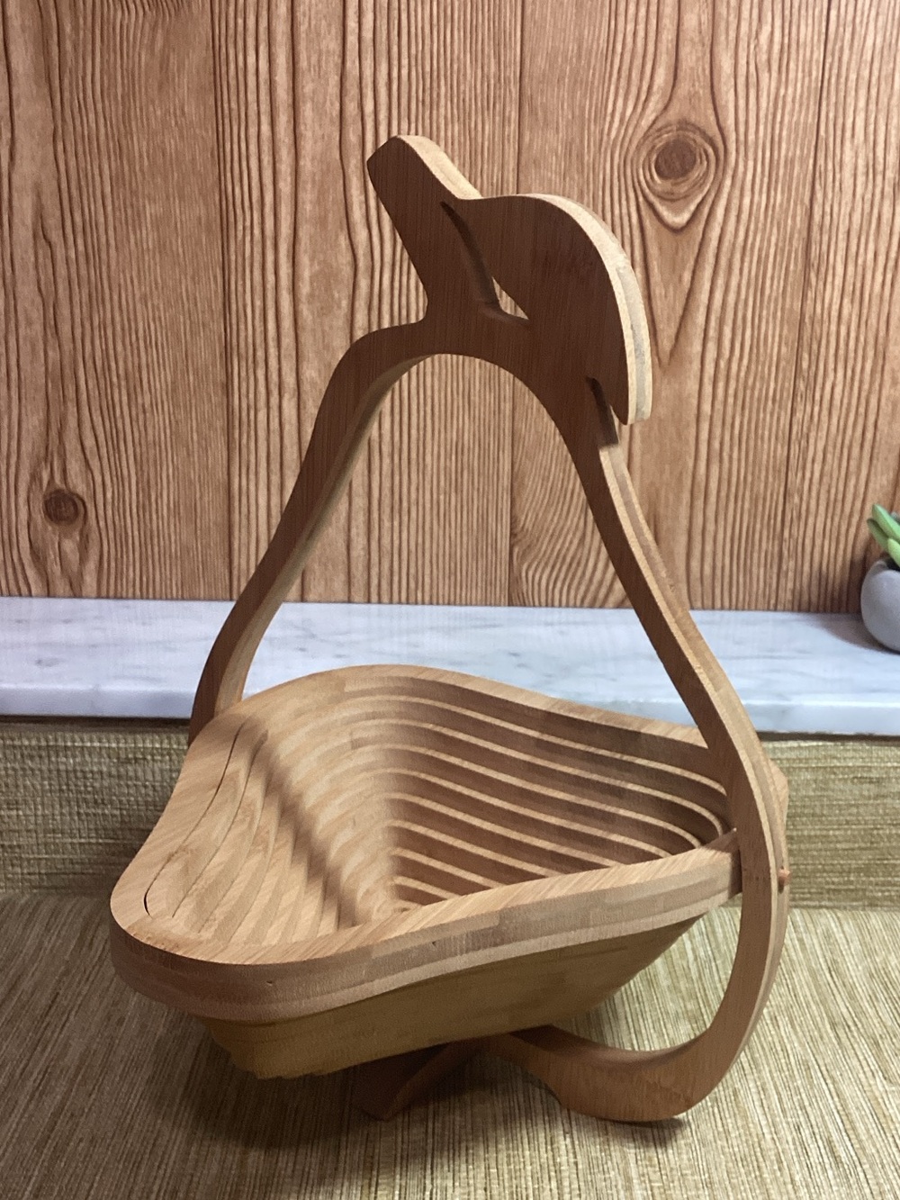 Bamboo Handcrafted Wooden Pear Fruit Bowl and Trivet Natural Wood